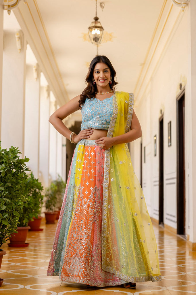 Rainbow Designer Faux Georgette Sequins Embroidered Lehenga Set with Net Dupatta ClothsVilla