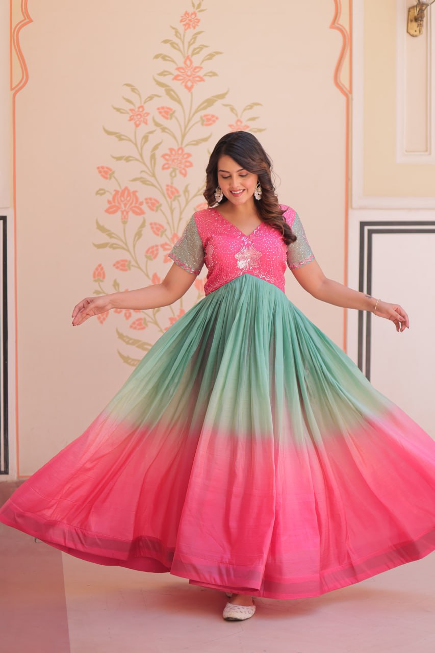 Rainbow Elegant Gold Crush Beads Embroidered Gown – Fully Stitched with Canvas Patta Clothsvilla