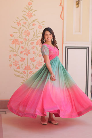 Rainbow Elegant Gold Crush Beads Embroidered Gown – Fully Stitched with Canvas Patta Clothsvilla