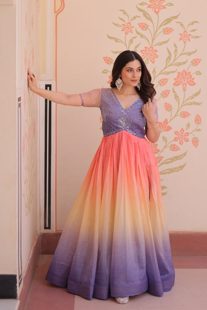Rainbow Elegant Gold Crush Beads Embroidered Gown – Fully Stitched with Canvas Patta Clothsvilla