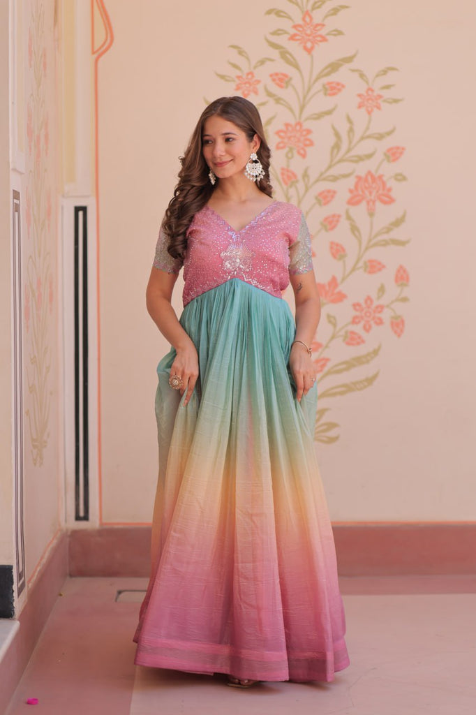 Rainbow Elegant Gold Crush Beads Embroidered Gown – Fully Stitched with Canvas Patta Clothsvilla