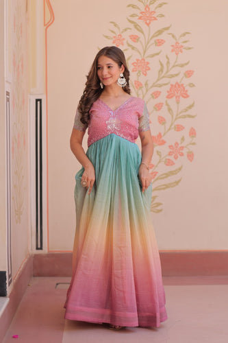 Rainbow Elegant Gold Crush Beads Embroidered Gown – Fully Stitched with Canvas Patta Clothsvilla