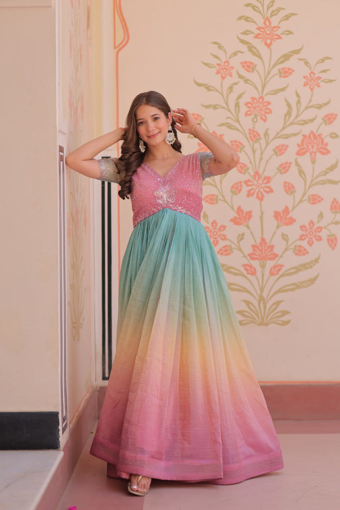 Rainbow Elegant Gold Crush Beads Embroidered Gown – Fully Stitched with Canvas Patta Clothsvilla