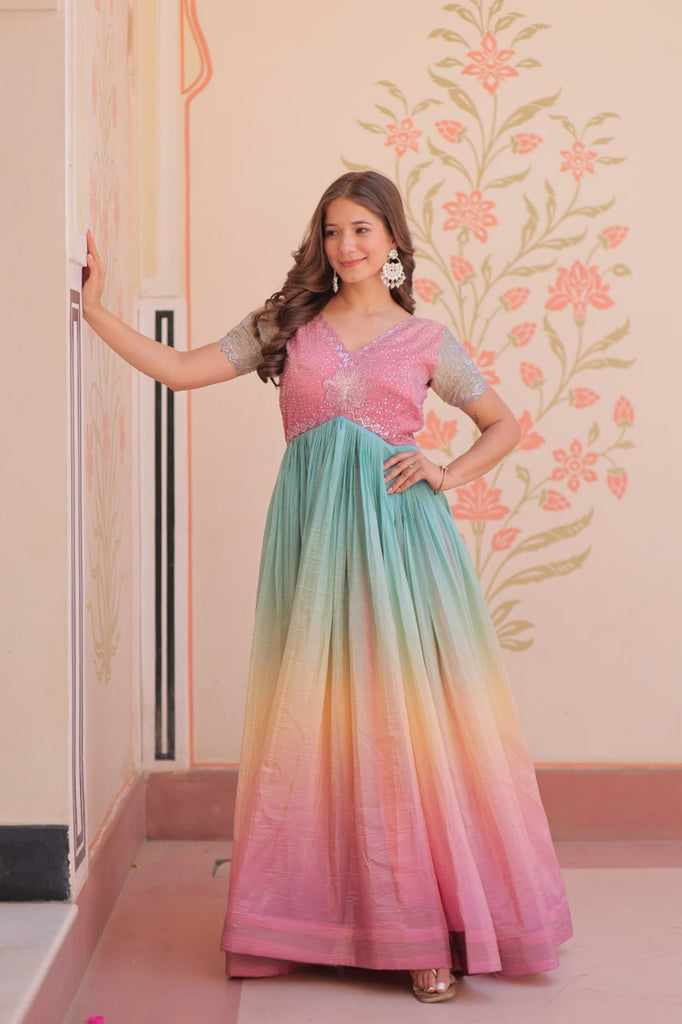 Rainbow Elegant Gold Crush Beads Embroidered Gown – Fully Stitched with Canvas Patta Clothsvilla