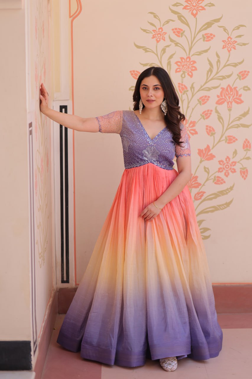 Rainbow Elegant Gold Crush Beads Embroidered Gown – Fully Stitched with Canvas Patta Clothsvilla