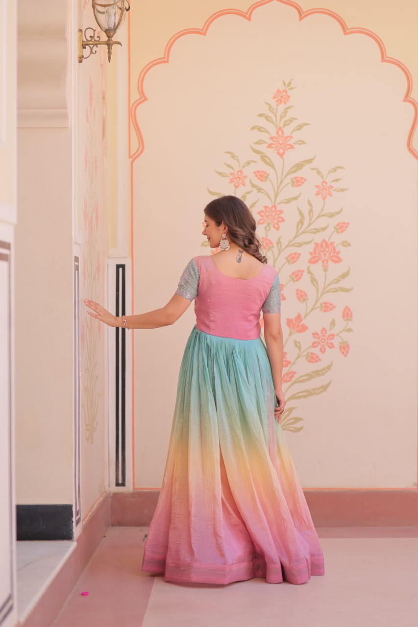 Rainbow Elegant Gold Crush Beads Embroidered Gown – Fully Stitched with Canvas Patta Clothsvilla
