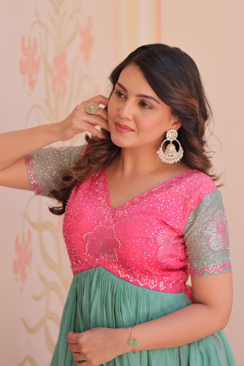 Rainbow Elegant Gold Crush Beads Embroidered Gown – Fully Stitched with Canvas Patta Clothsvilla