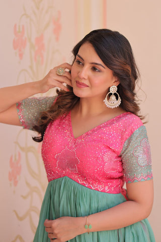 Rainbow Elegant Gold Crush Beads Embroidered Gown – Fully Stitched with Canvas Patta Clothsvilla