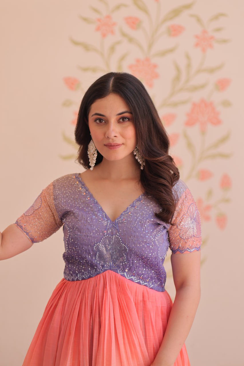 Rainbow Elegant Gold Crush Beads Embroidered Gown – Fully Stitched with Canvas Patta Clothsvilla