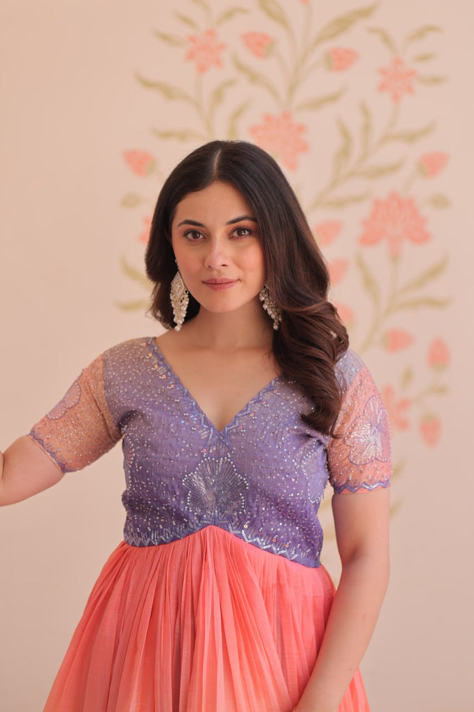 Rainbow Elegant Gold Crush Beads Embroidered Gown – Fully Stitched with Canvas Patta Clothsvilla