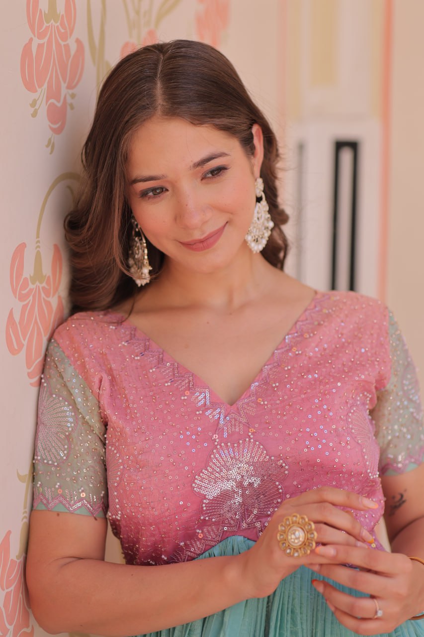 Rainbow Elegant Gold Crush Beads Embroidered Gown – Fully Stitched with Canvas Patta Clothsvilla