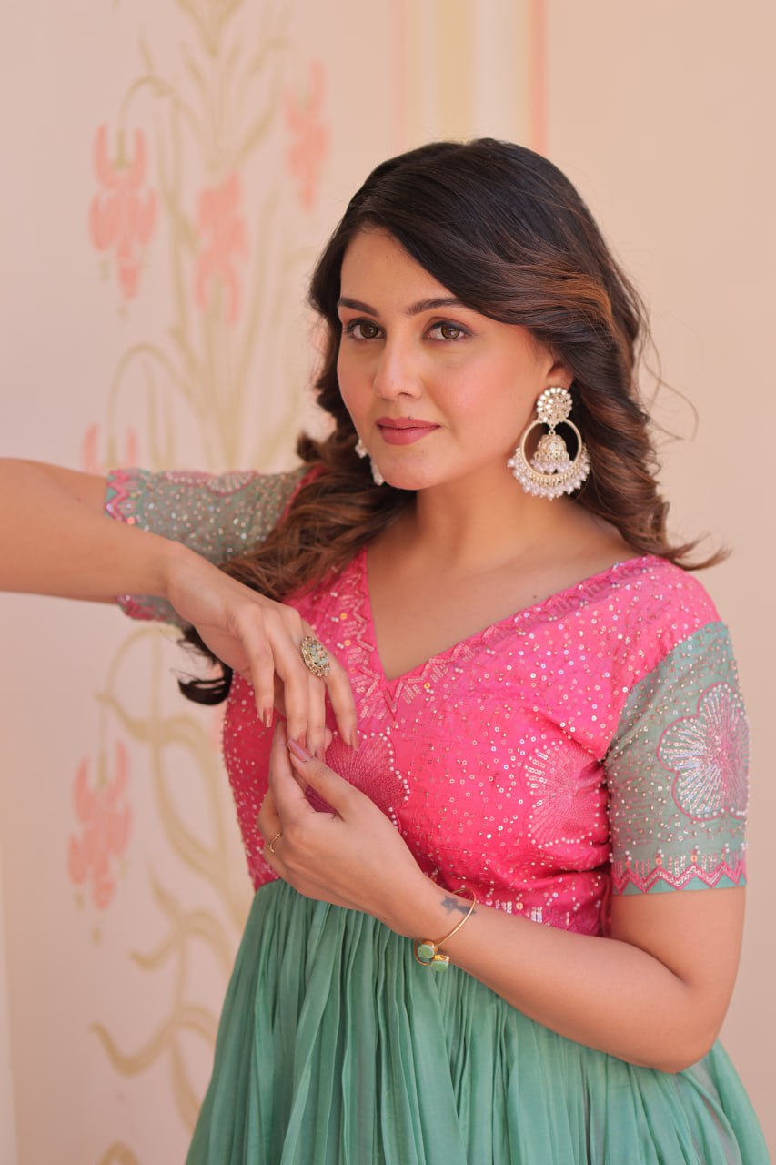 Rainbow Elegant Gold Crush Beads Embroidered Gown – Fully Stitched with Canvas Patta Clothsvilla