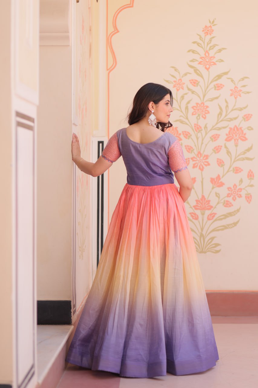 Rainbow Elegant Gold Crush Beads Embroidered Gown – Fully Stitched with Canvas Patta Clothsvilla