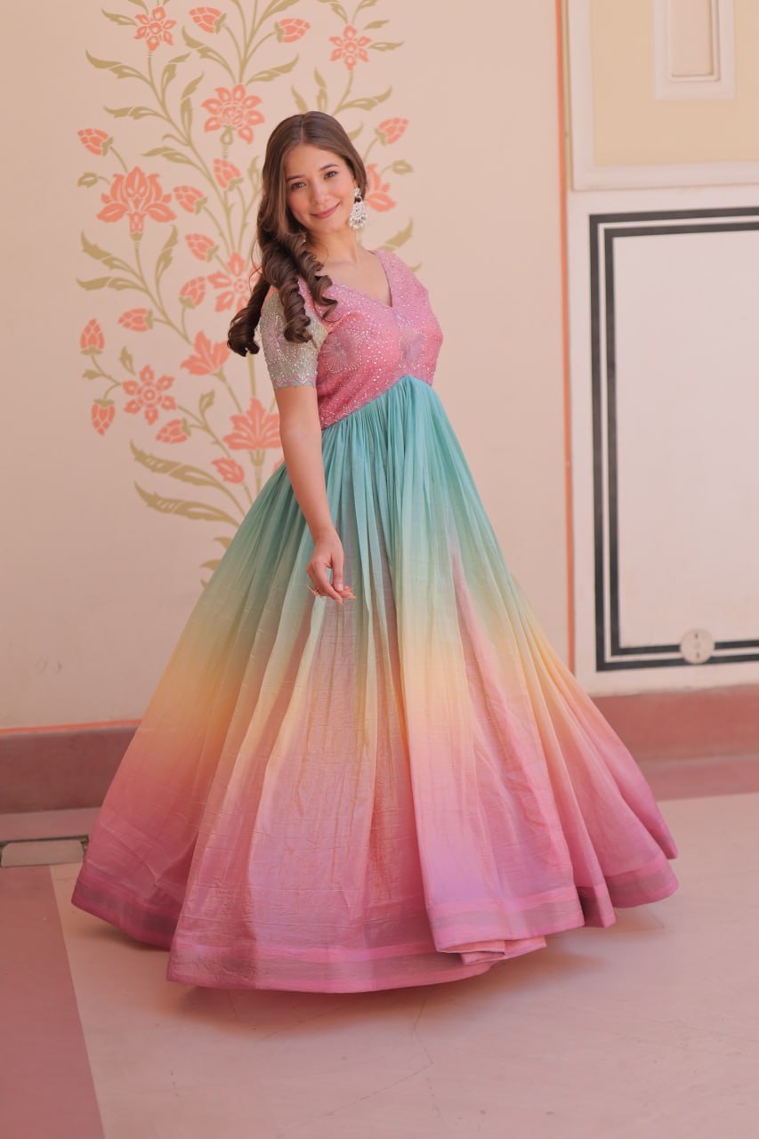 Rainbow Elegant Gold Crush Beads Embroidered Gown – Fully Stitched with Canvas Patta Clothsvilla