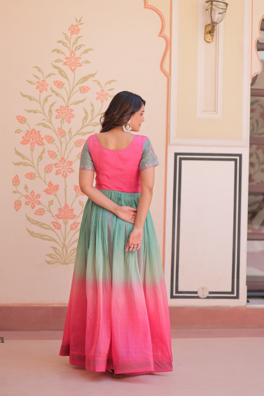 Rainbow Elegant Gold Crush Beads Embroidered Gown – Fully Stitched with Canvas Patta Clothsvilla