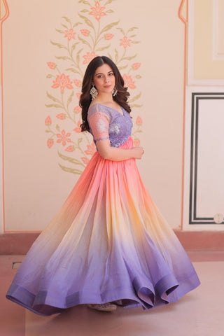 Rainbow Elegant Gold Crush Beads Embroidered Gown – Fully Stitched with Canvas Patta Clothsvilla