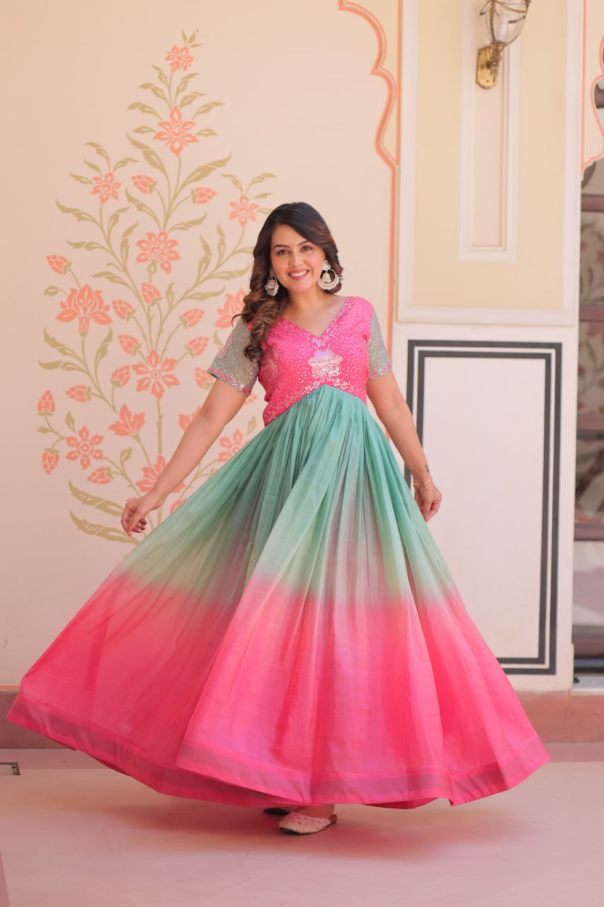Rainbow Elegant Gold Crush Beads Embroidered Gown – Fully Stitched with Canvas Patta Clothsvilla