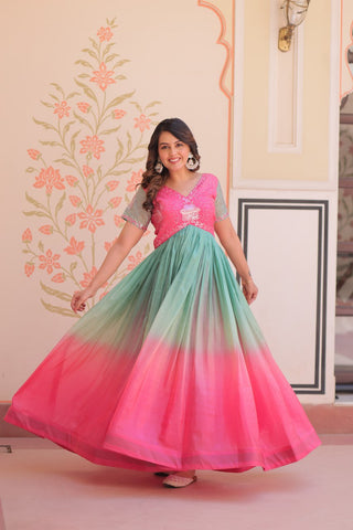 Rainbow Elegant Gold Crush Beads Embroidered Gown – Fully Stitched with Canvas Patta Clothsvilla