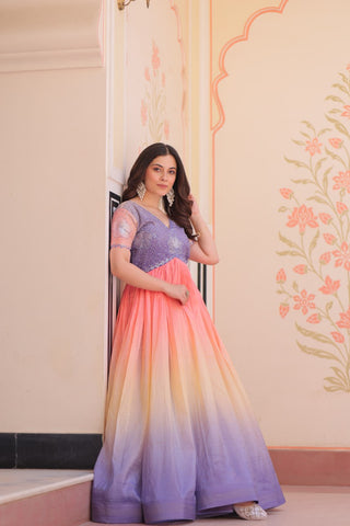 Rainbow Elegant Gold Crush Beads Embroidered Gown – Fully Stitched with Canvas Patta Clothsvilla