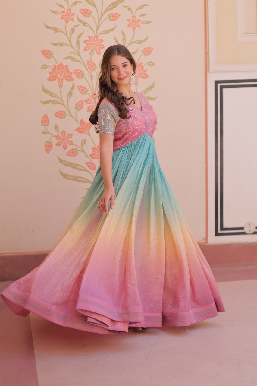 Rainbow Elegant Gold Crush Beads Embroidered Gown – Fully Stitched with Canvas Patta Clothsvilla