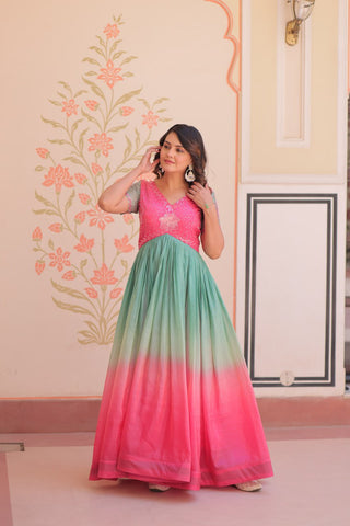 Rainbow Elegant Gold Crush Beads Embroidered Gown – Fully Stitched with Canvas Patta Clothsvilla