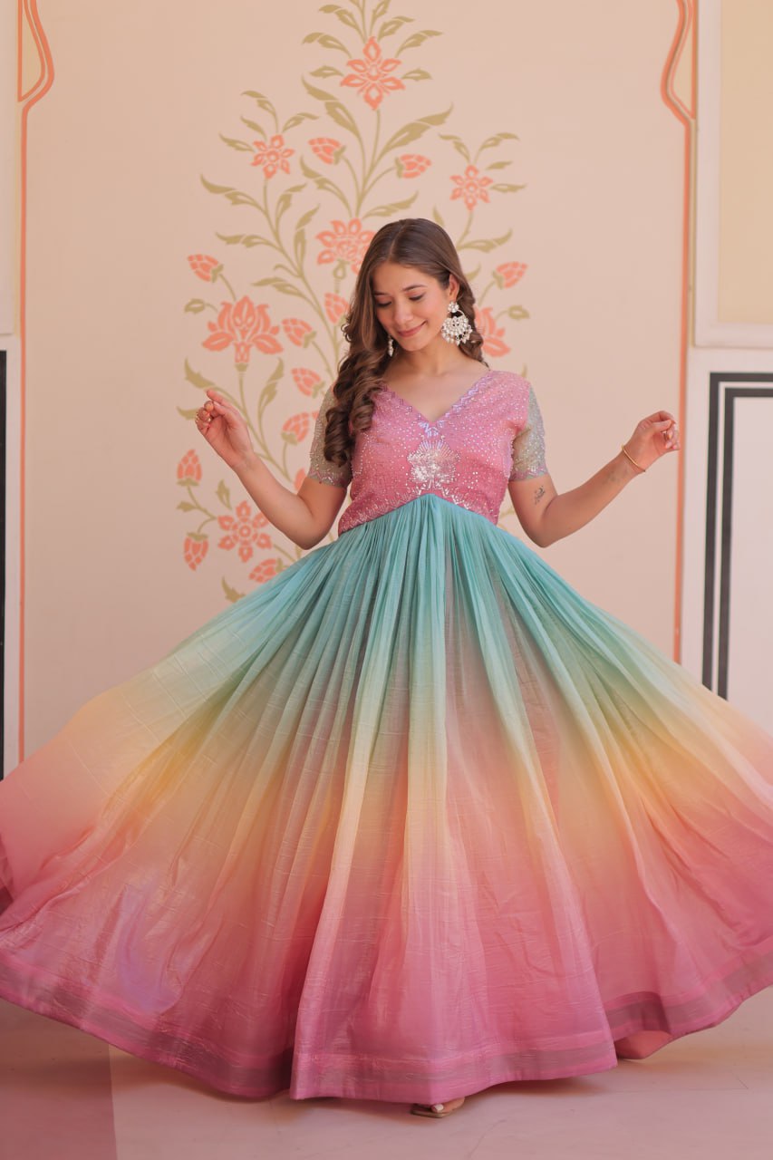 Rainbow Elegant Gold Crush Beads Embroidered Gown – Fully Stitched with Canvas Patta Clothsvilla