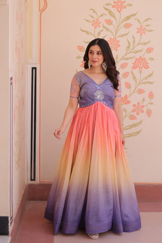Rainbow Elegant Gold Crush Beads Embroidered Gown – Fully Stitched with Canvas Patta Clothsvilla
