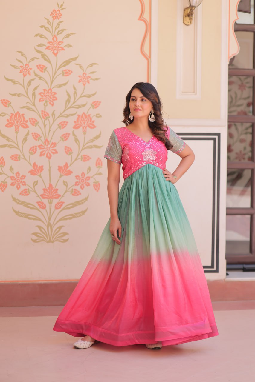 Rainbow Elegant Gold Crush Beads Embroidered Gown – Fully Stitched with Canvas Patta Clothsvilla
