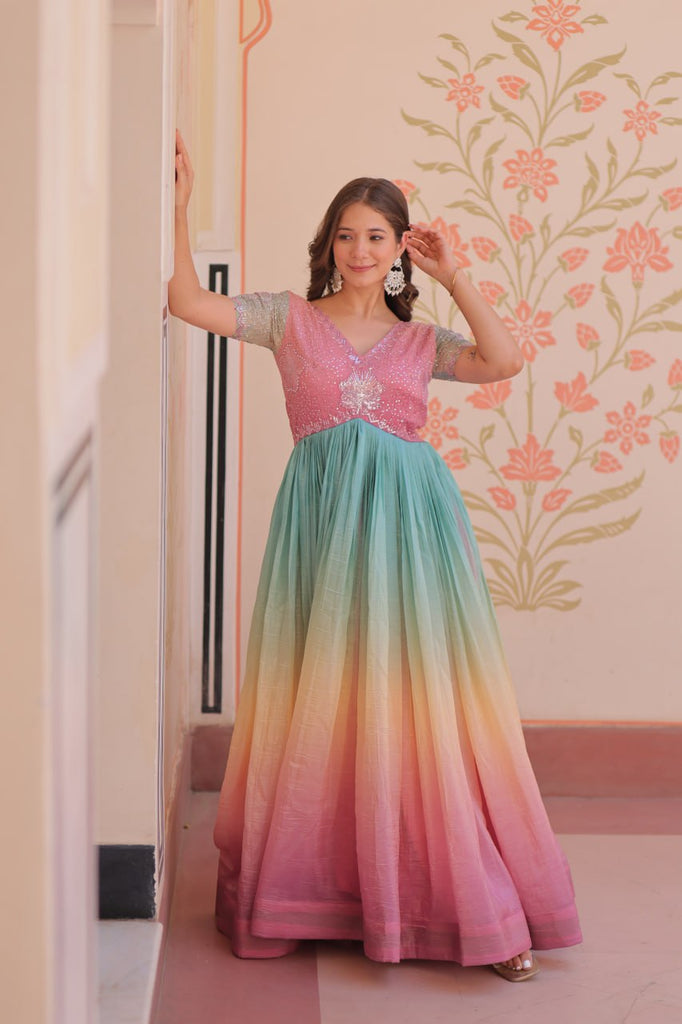Rainbow Elegant Gold Crush Beads Embroidered Gown – Fully Stitched with Canvas Patta Clothsvilla