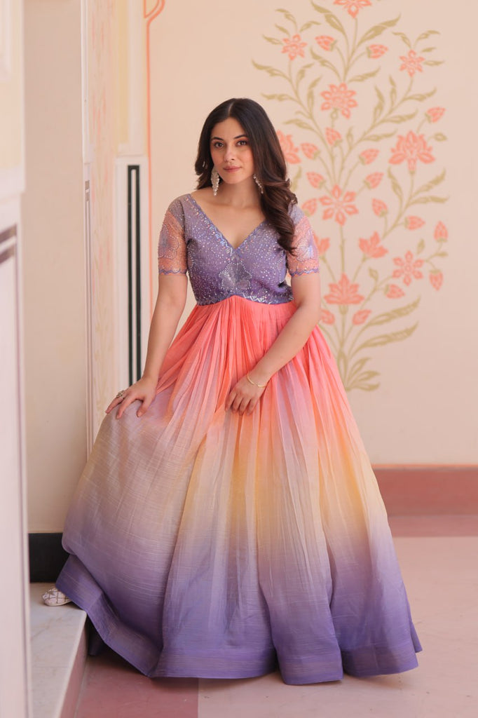 Rainbow Elegant Gold Crush Beads Embroidered Gown – Fully Stitched with Canvas Patta Clothsvilla