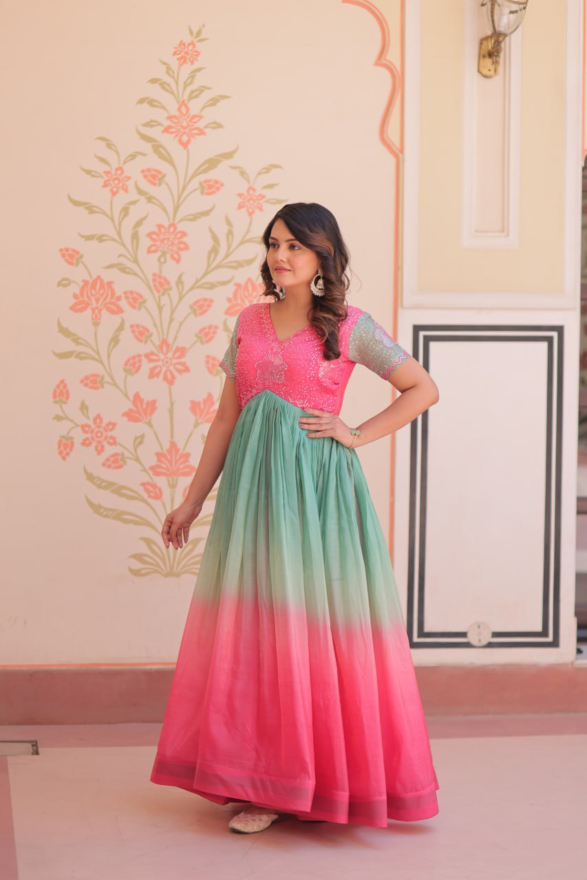 Rainbow Elegant Gold Crush Beads Embroidered Gown – Fully Stitched with Canvas Patta Clothsvilla