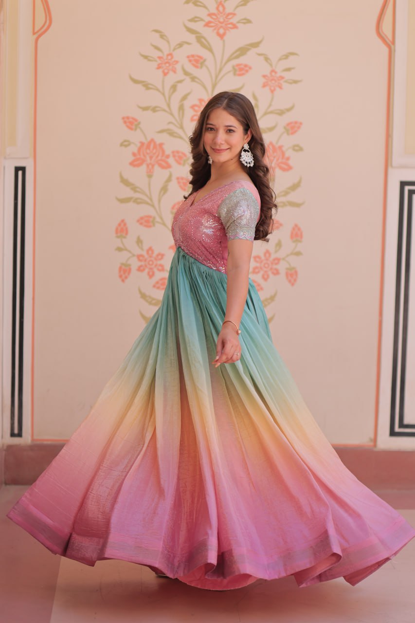 Rainbow Elegant Gold Crush Beads Embroidered Gown – Fully Stitched with Canvas Patta Clothsvilla