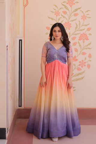 Rainbow Elegant Gold Crush Beads Embroidered Gown – Fully Stitched with Canvas Patta Clothsvilla