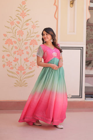 Rainbow Elegant Gold Crush Beads Embroidered Gown – Fully Stitched with Canvas Patta Clothsvilla