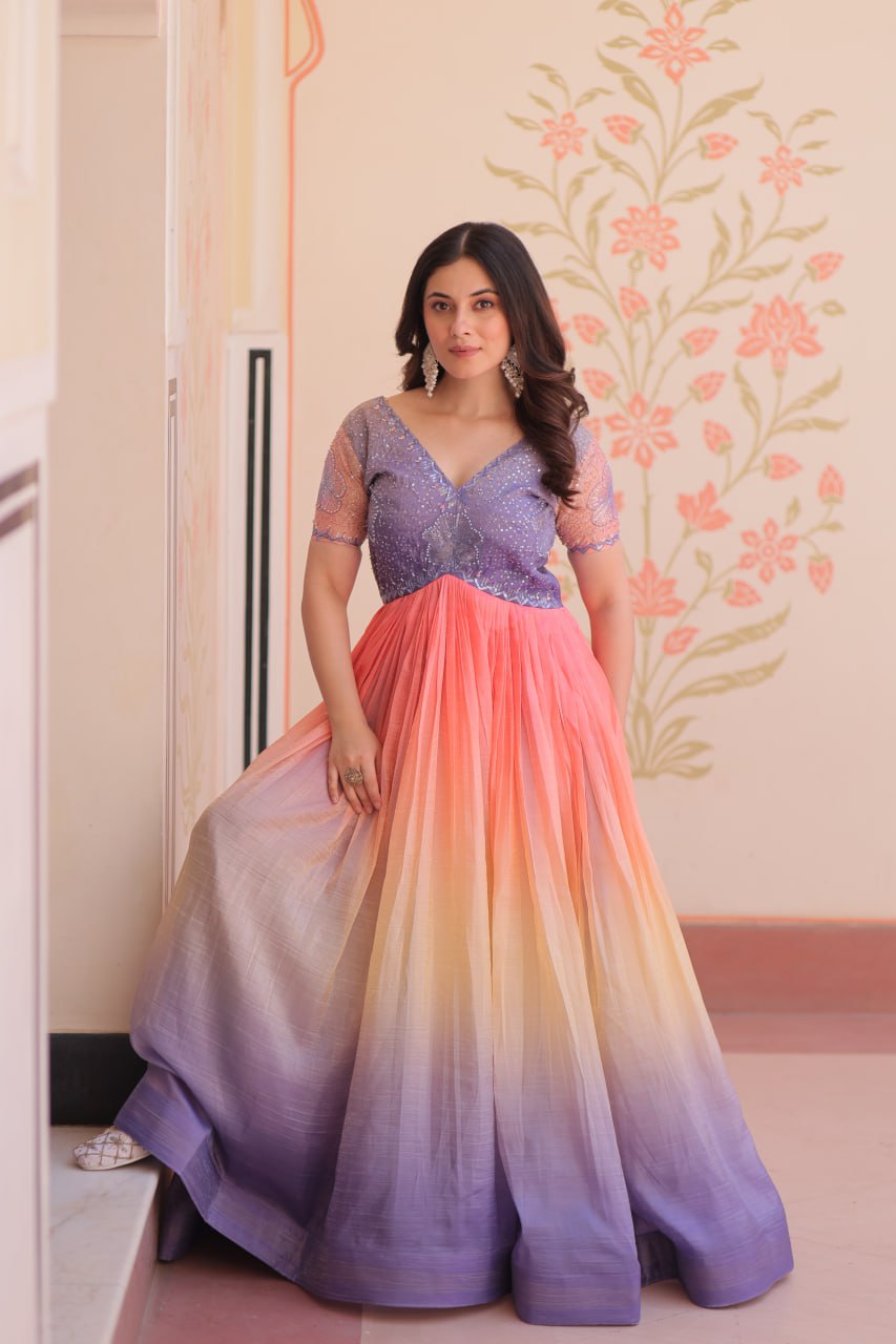 Rainbow Elegant Gold Crush Beads Embroidered Gown – Fully Stitched with Canvas Patta Clothsvilla