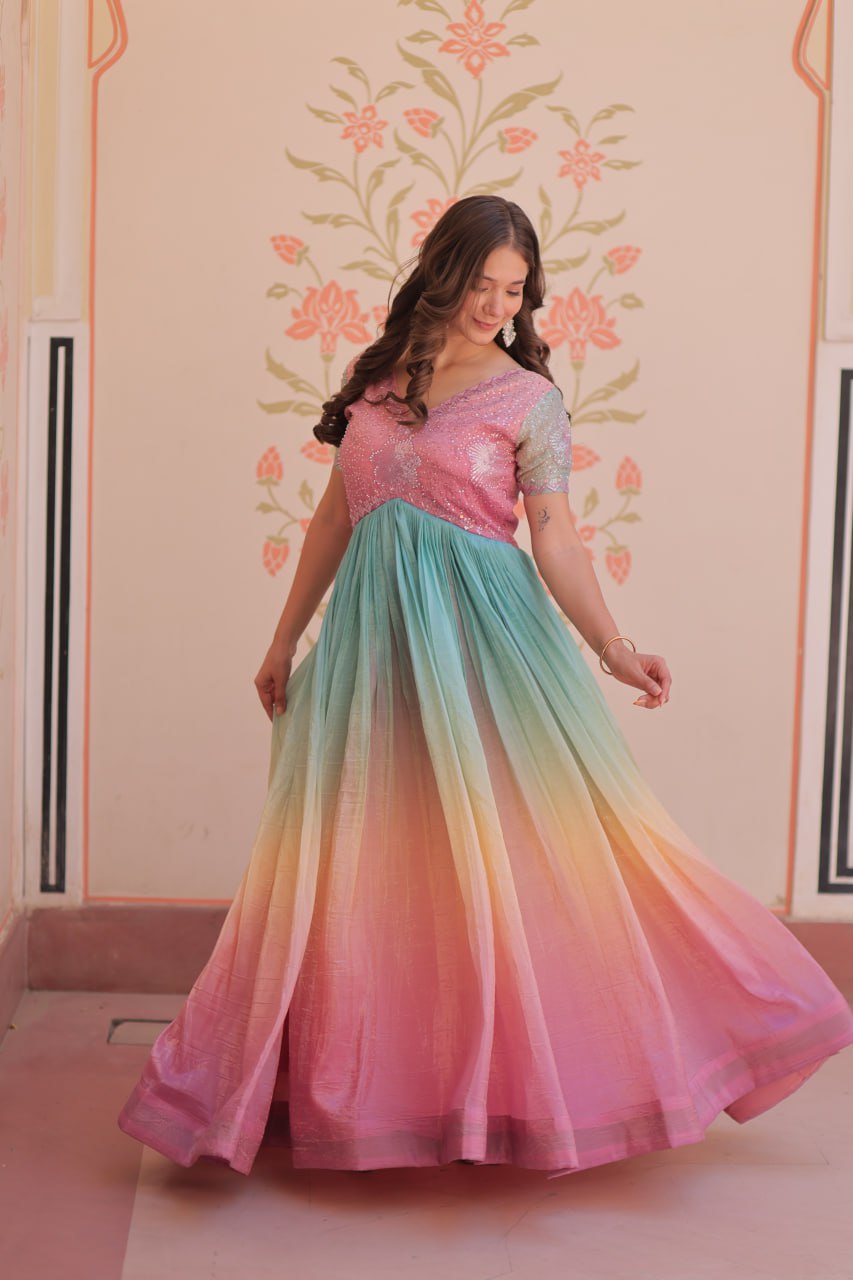 Rainbow Elegant Gold Crush Beads Embroidered Gown – Fully Stitched with Canvas Patta Clothsvilla