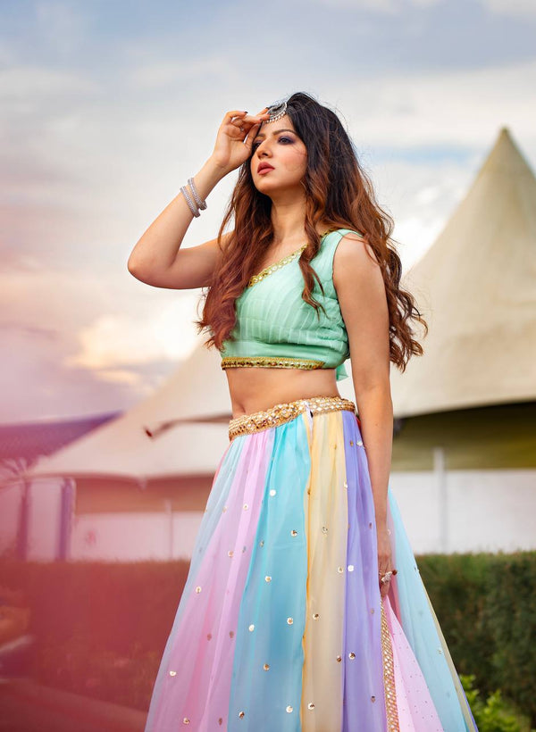 Rainbow Rhapsody: Multicolor Sequin & Mirrorwork Lehenga Set ClothsVilla