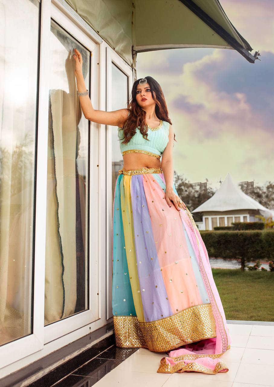 Rainbow Rhapsody: Multicolor Sequin & Mirrorwork Lehenga Set ClothsVilla