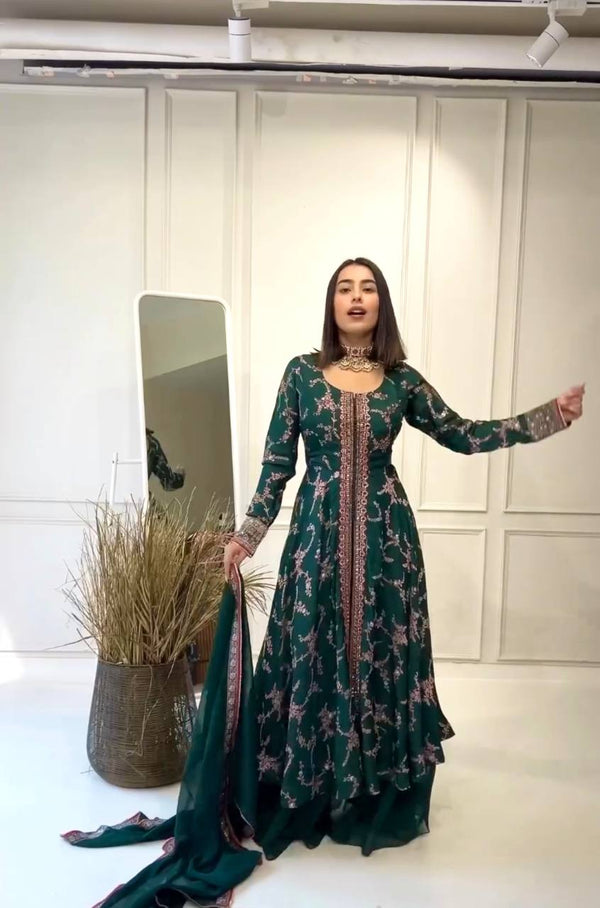Rama Clour Elegant Party Wear Fancy Gown, Dupatta & Plazzo Set – Embroidered  Ensemble Clothsvilla