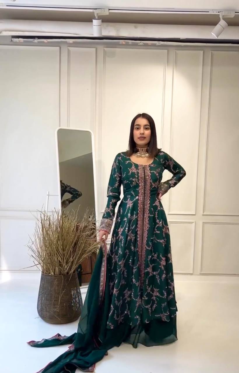 Rama Clour Elegant Party Wear Fancy Gown, Dupatta & Plazzo Set – Embroidered  Ensemble Clothsvilla Main image