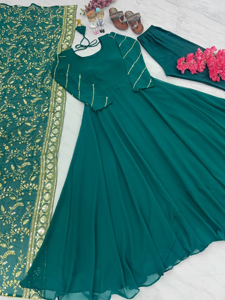 Rama Colour Elegant Party Wear Gown, Dupatta & Bottom Set – Sophisticated Style Clothsvilla