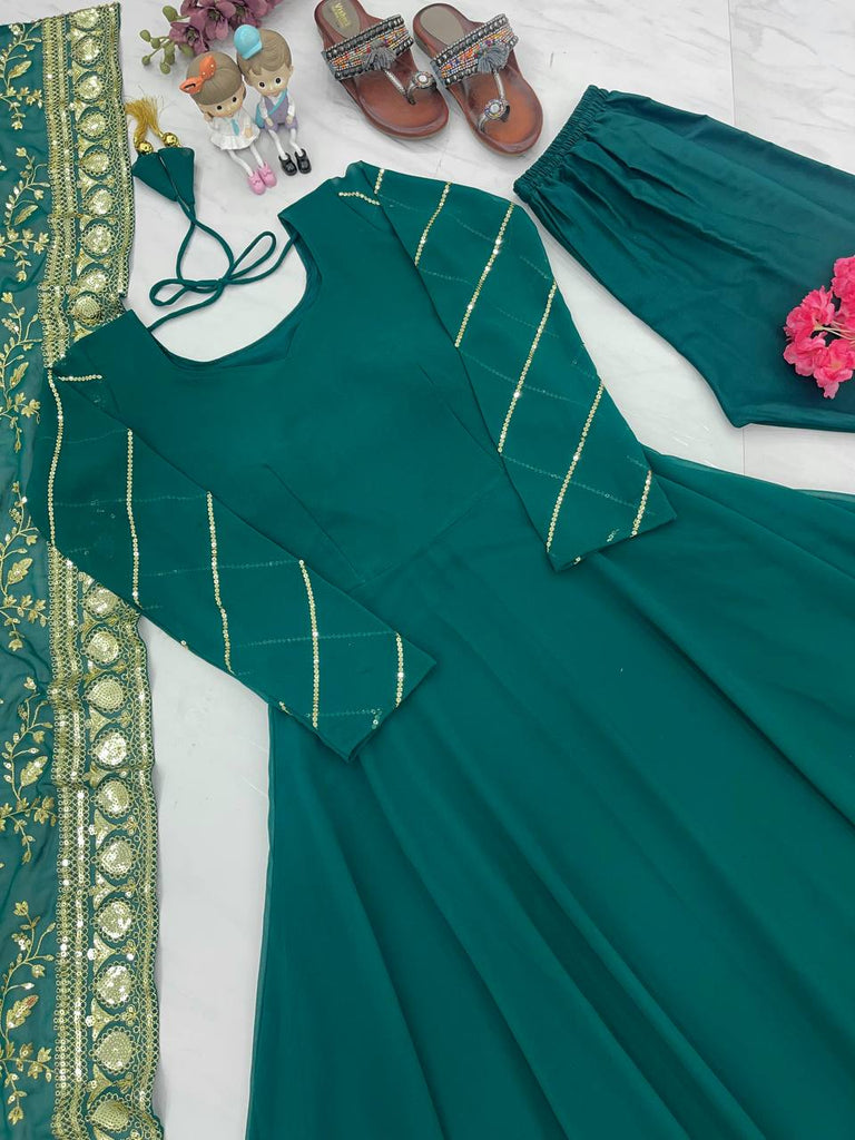 Rama Colour Elegant Party Wear Gown, Dupatta & Bottom Set – Sophisticated Style Clothsvilla