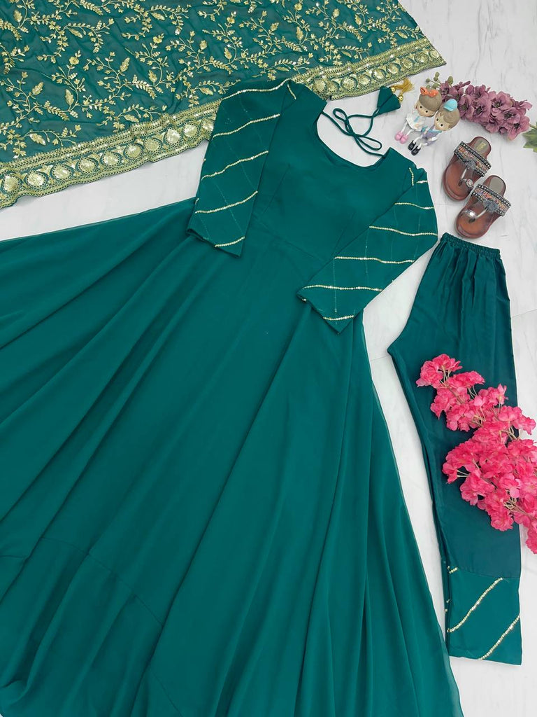 Rama Colour Elegant Party Wear Gown, Dupatta & Bottom Set – Sophisticated Style Clothsvilla