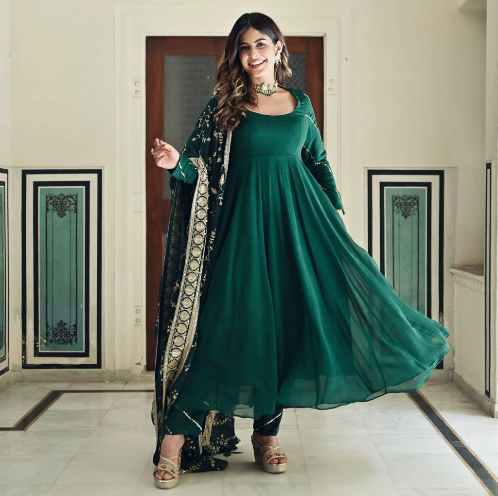 Rama Colour Elegant Party Wear Gown, Dupatta & Bottom Set – Sophisticated Style Clothsvilla