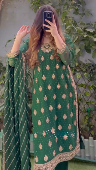 Bottle Green Elegant Threadwork Georgette Ensemble ClothsVilla