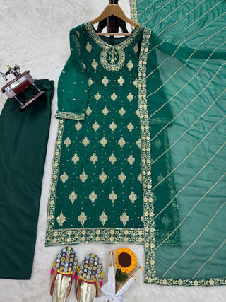Bottle Green Elegant Threadwork Georgette Ensemble ClothsVilla