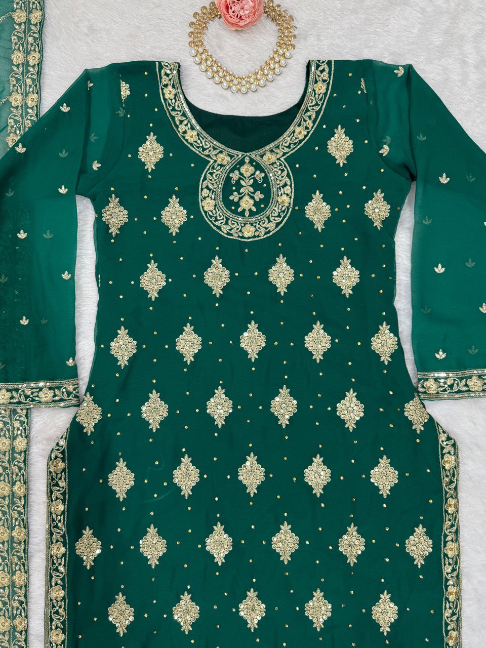 Bottle Green Elegant Threadwork Georgette Ensemble ClothsVilla