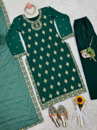 Bottle Green Elegant Threadwork Georgette Ensemble ClothsVilla