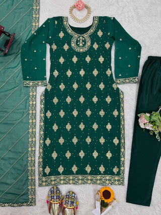 Bottle Green Elegant Threadwork Georgette Ensemble ClothsVilla