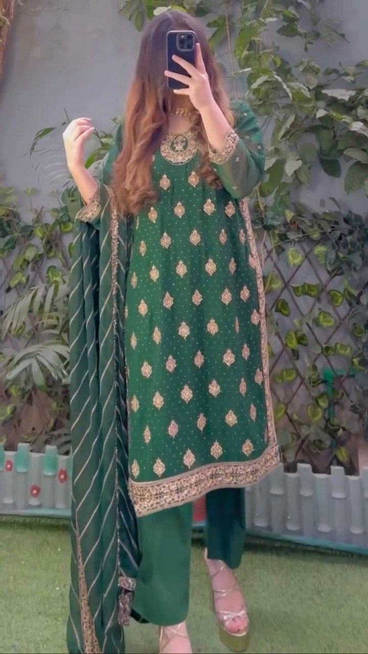 Bottle Green Elegant Threadwork Georgette Ensemble ClothsVilla